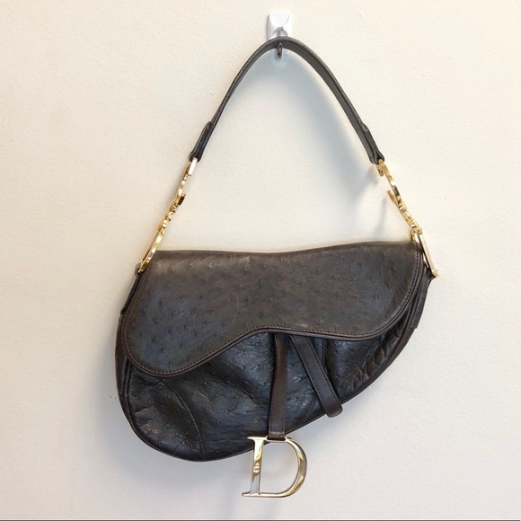 Dior Handbags - Christian Dior Vintage Brown Ostrich Saddle Bag